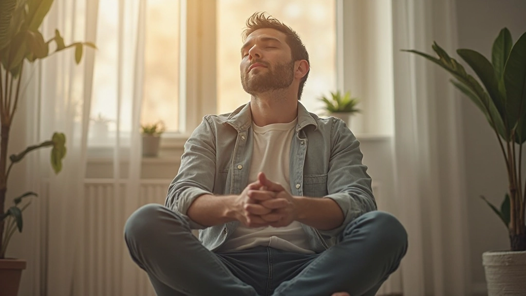 Muž medituje v rannom slnku s pokojným výrazom, predstavuje sebauvedomenie a vnútornú stabilitu