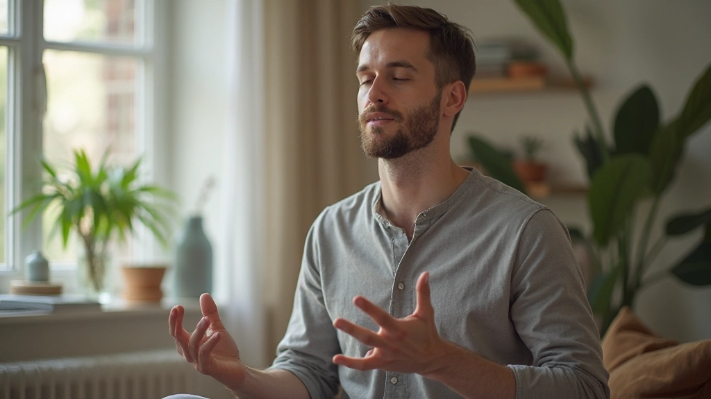 Profesionálny portrét muža pri meditácii v pokojnom prostredí s prírodným svetlom