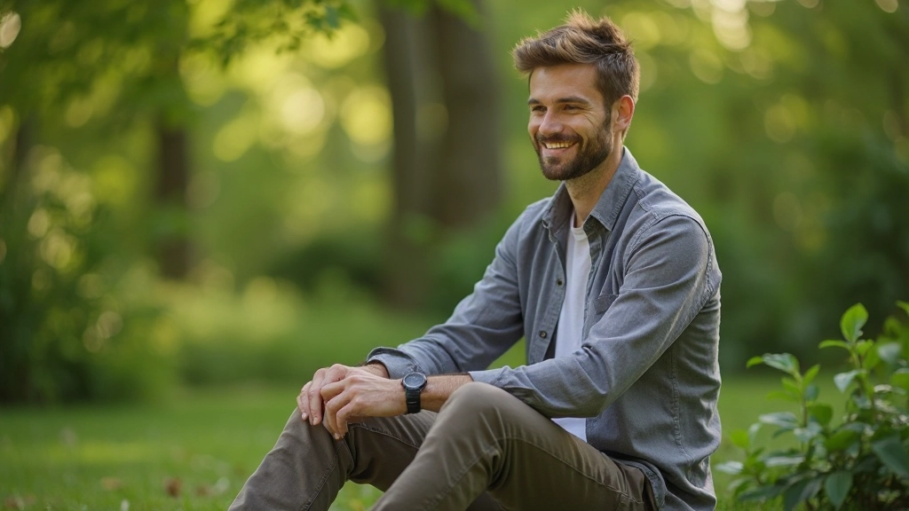 Muž v relaxačnej póze s pocitom vnútorného pokoja