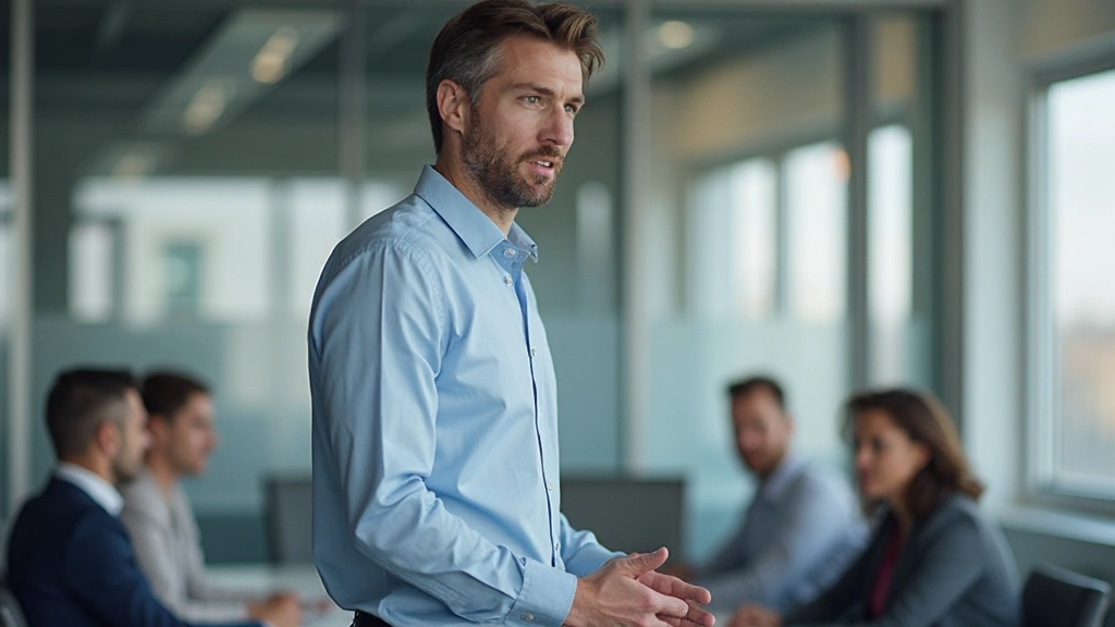 Profesionálny muž s sebavedomosťou v konferenčnej miestnosti počas prezentácie