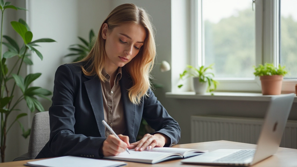 Žena sedí pri stole, píše si poznámky a vytvára si pozitívne afirmácie s jasným zameraním