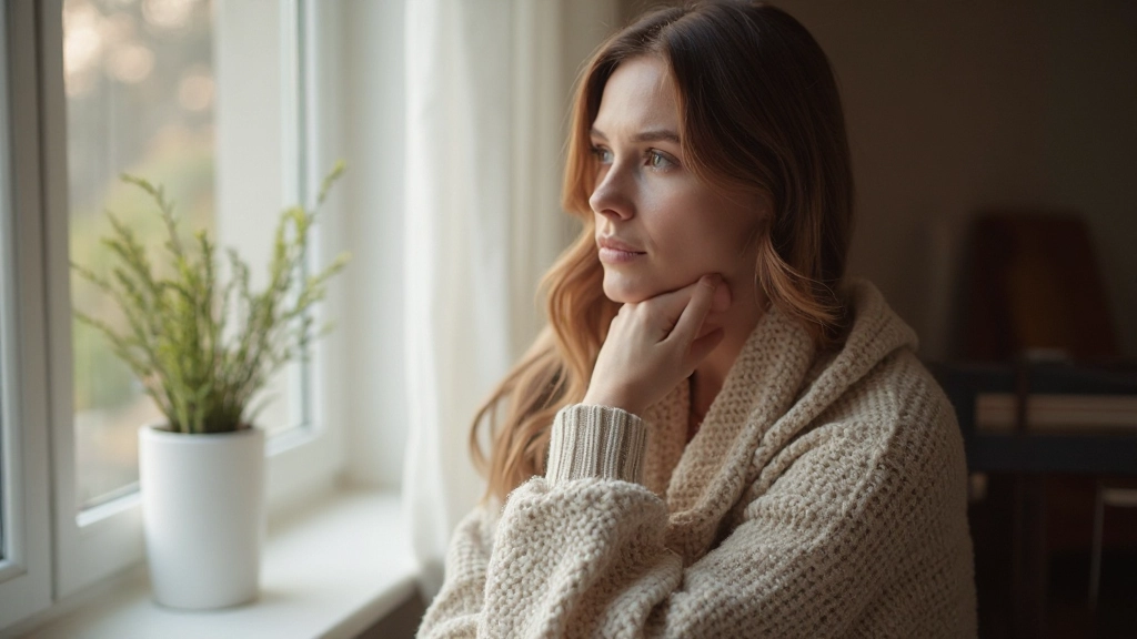 Žena v tichom priestore s reflexívnym výrazom, premýšľa o sebakritike