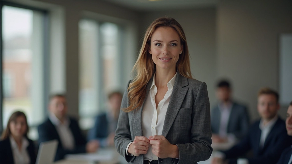 Profesionálny portrét mladej ženy pri verejnom prejave v konferenčnej miestnosti