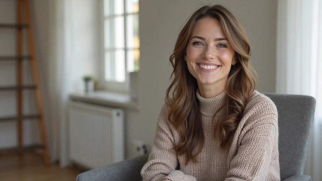 Žena s úsmevom sedí na stoličke, drží si hlavu a pozerá sa pred seba s pozitívnym výrazom v minimalistickom interiéri