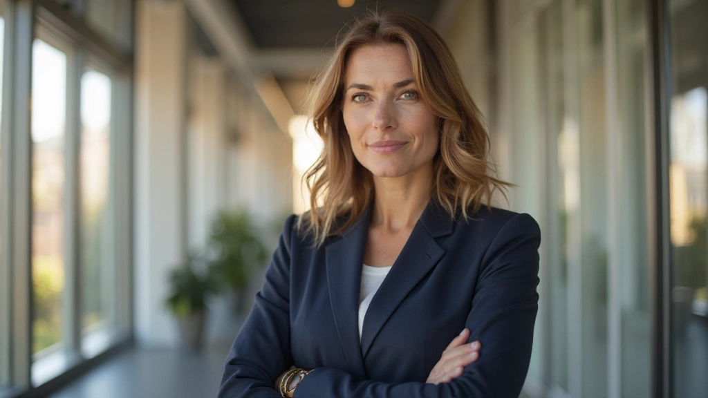Žena v profesionálnom prostredí s pevným výrazom tváre, predstavuje budovanie sebavedomia