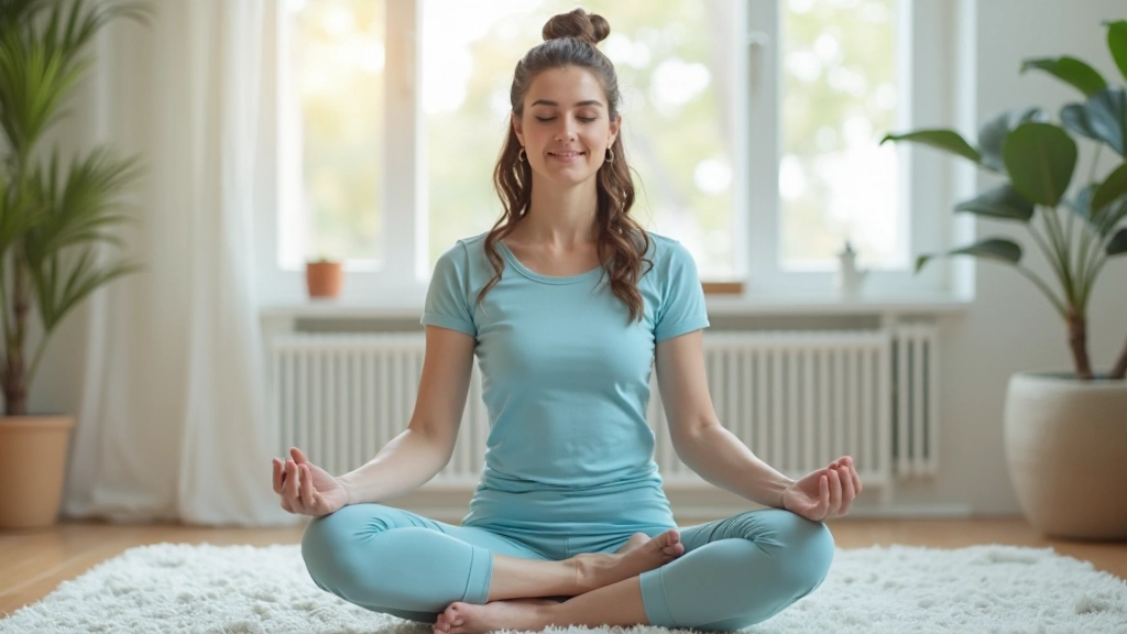 Žena sedí v pokojnom prostredí s zatvorenými očami a pokojným výrazom tváre