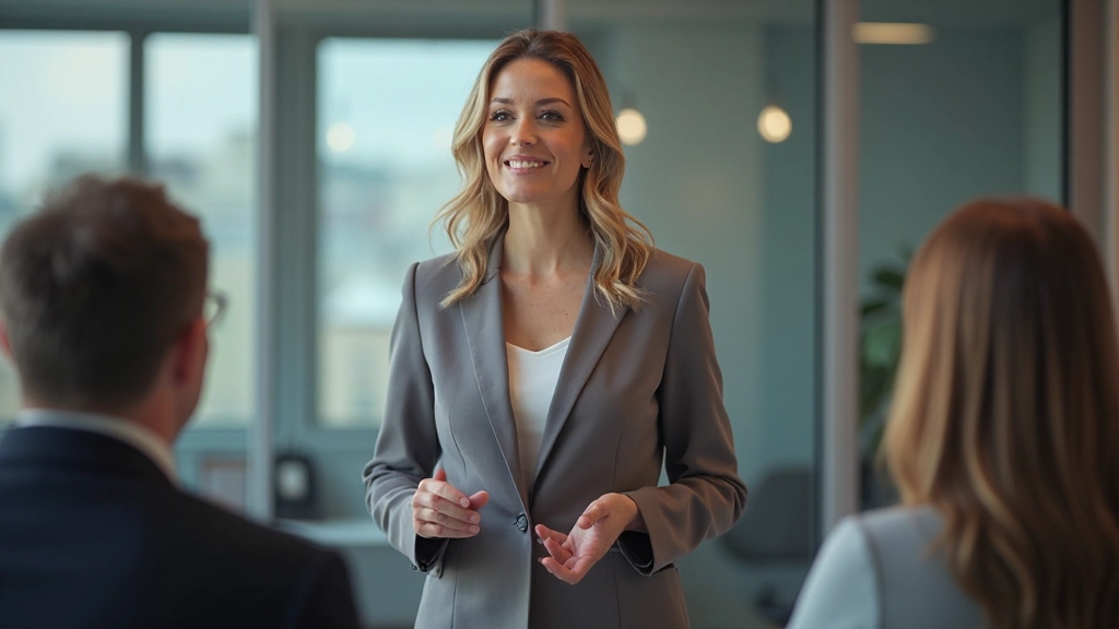 Žena stojí v konferenčnej miestnosti s úsmevom, hovorí na stretnutí so sebakonfidenciou a asertivitou