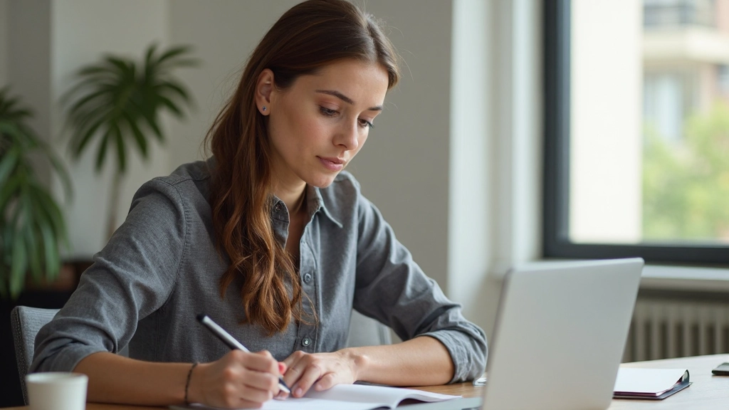 Profesionálna fotografia ženy za stolom s poznámkovým blokom, pisaním, moderný priestor, prirodzené osvetlenie