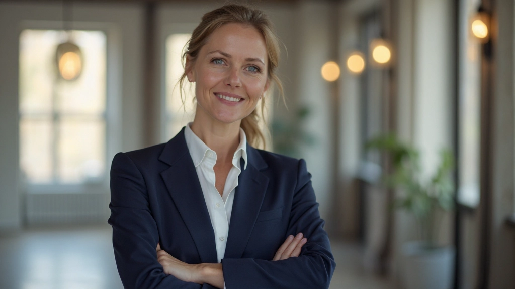 Profesionálna fotografia sebavedomej ženy v kancelárskom prostredí s prírodným osvetlením