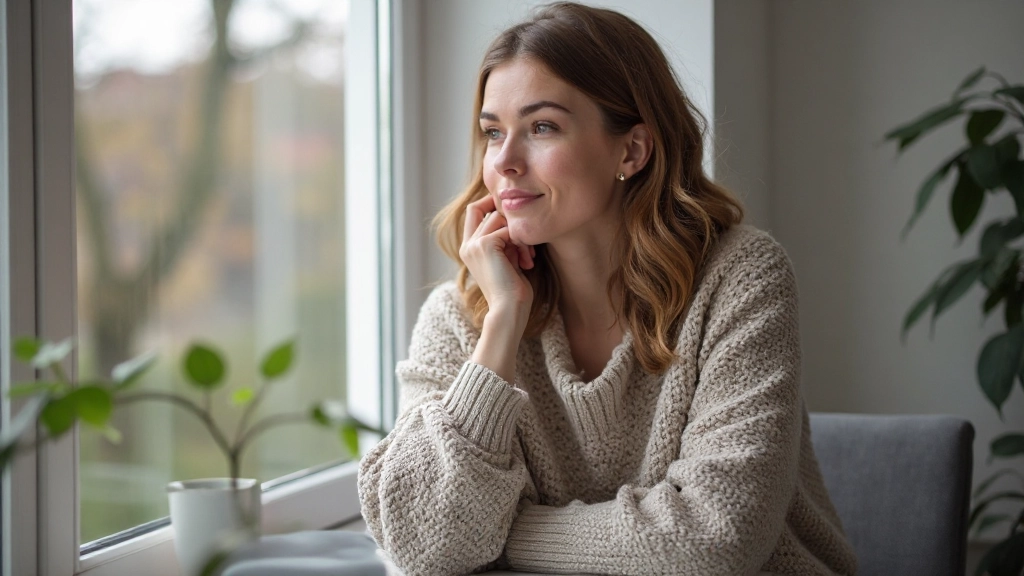 Žena sedí pri okne v pokojnom prostredí, zamyslená pozícia, prírodné svetlo