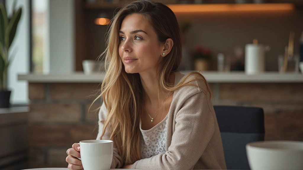 Žena sedí pri kávovom stole, zamyslená a spokojná, vnútorný pokoj