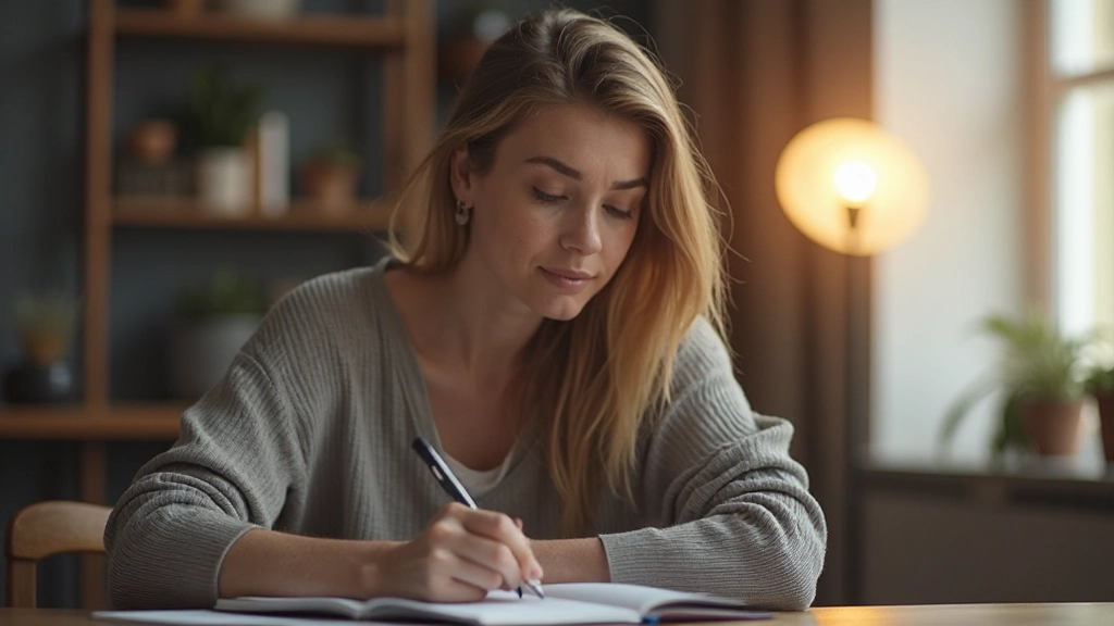 Žena zapisuje poznámky do denníka, reflexívna chvíľa sebauvedomovania